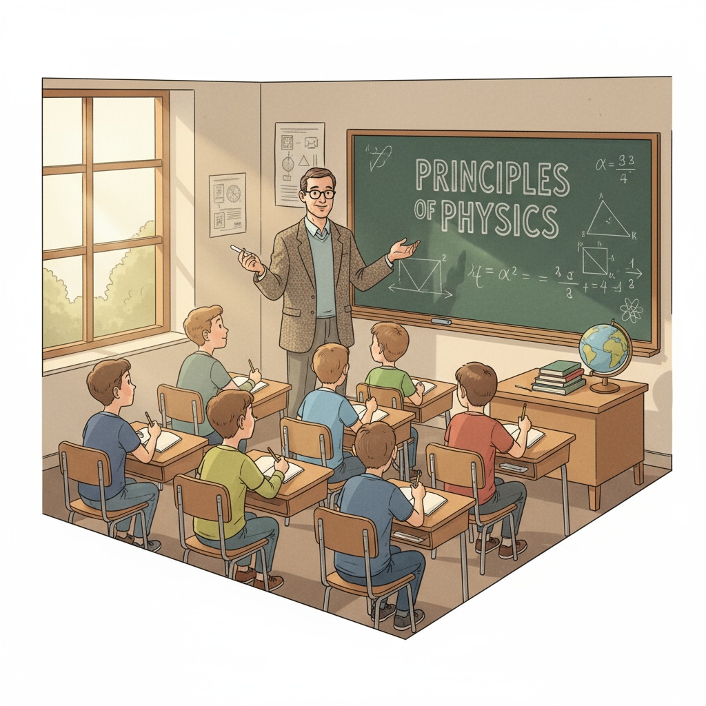 A teacher standing in front of a blackboard, using chalk to write and explain concepts, with students sitting attentively in the classroom, demonstrating traditional teaching methods. A teacher using traditional teaching methods with a blackboard and chalk in the context of education transformation considering digital technology