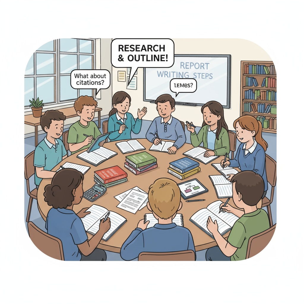 A group of 10th graders sitting around a table, having a discussion about report writing, with notebooks and pens in hand. 10th graders discussing report writing in the context of academic writing for better exam grades