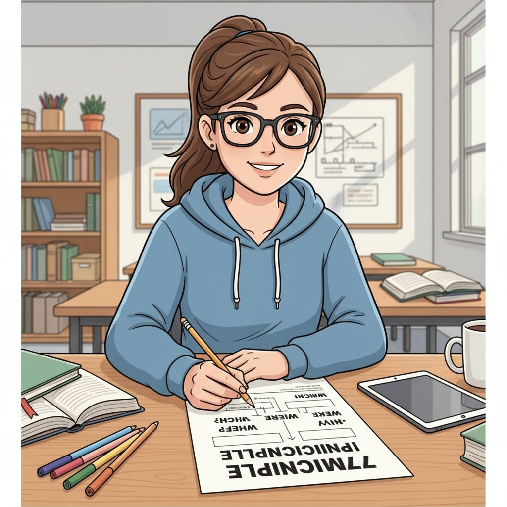 A student sitting at a desk, taking notes on a piece of paper with the 7WH principle written at the top. A student learning the 7WH principle for academic report writing to improve exam scores