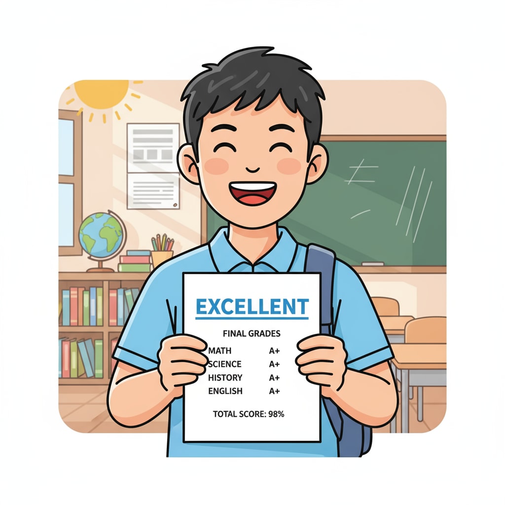 A student with a big smile on their face, holding a piece of paper with a high-scoring exam report showing excellent grades. A student celebrating improved exam grades through enhanced report writing skills in academic writing