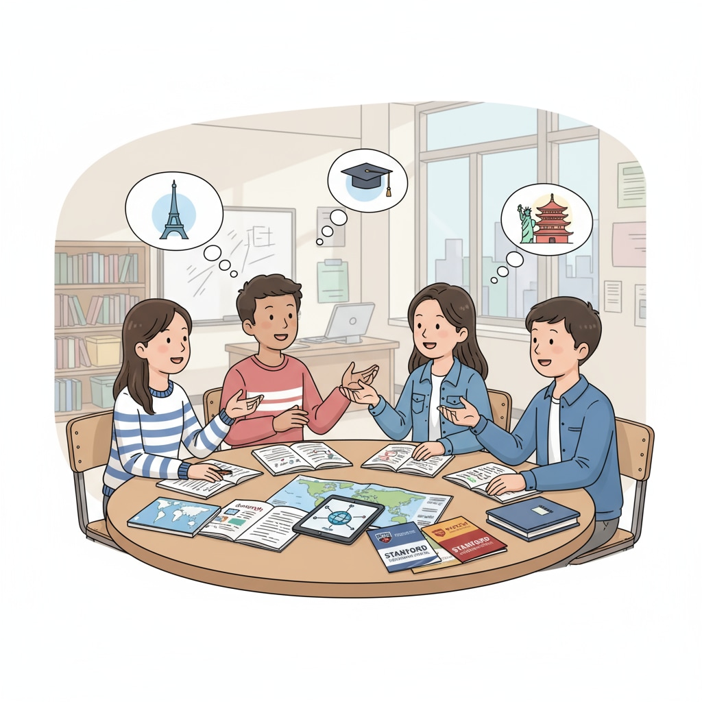 A group of junior high students are sitting around a table, discussing their future plans for international universities, with books and papers spread out. Junior high students discussing international university preparation and extracurricular activities.
