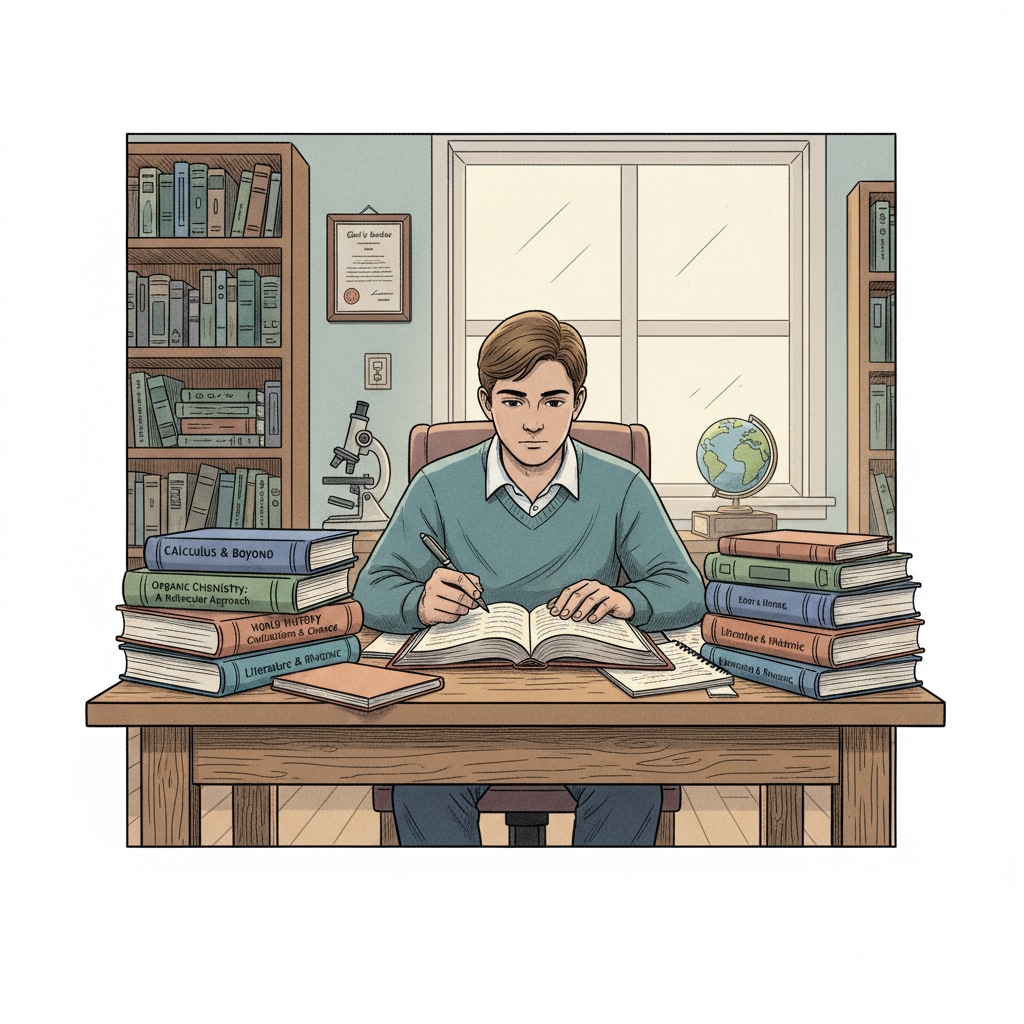 A student is sitting at a desk, surrounded by books on different academic subjects like math, science, and language arts, concentrating on studying. Student engaged in academic study for international university preparation.