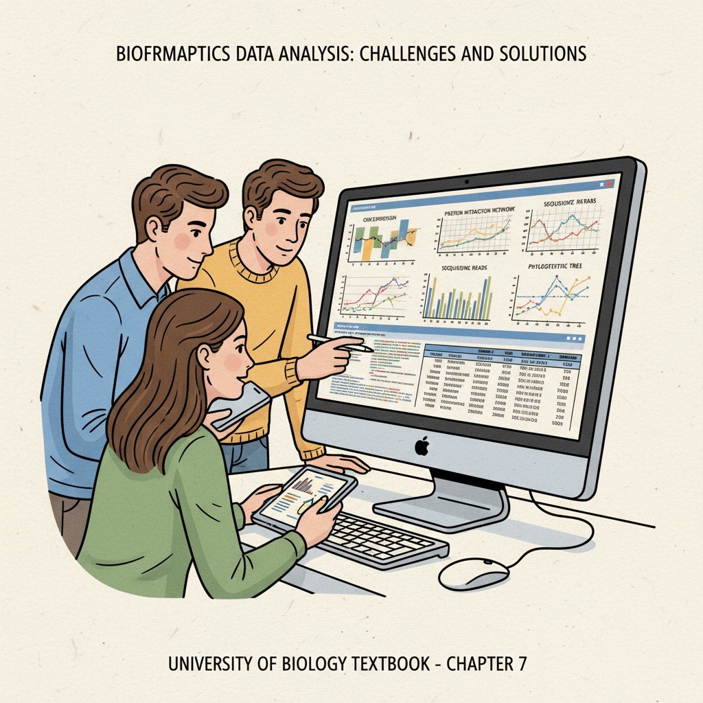 Bioinformatics students facing academic difficulties while analyzing biological data on a computer screen