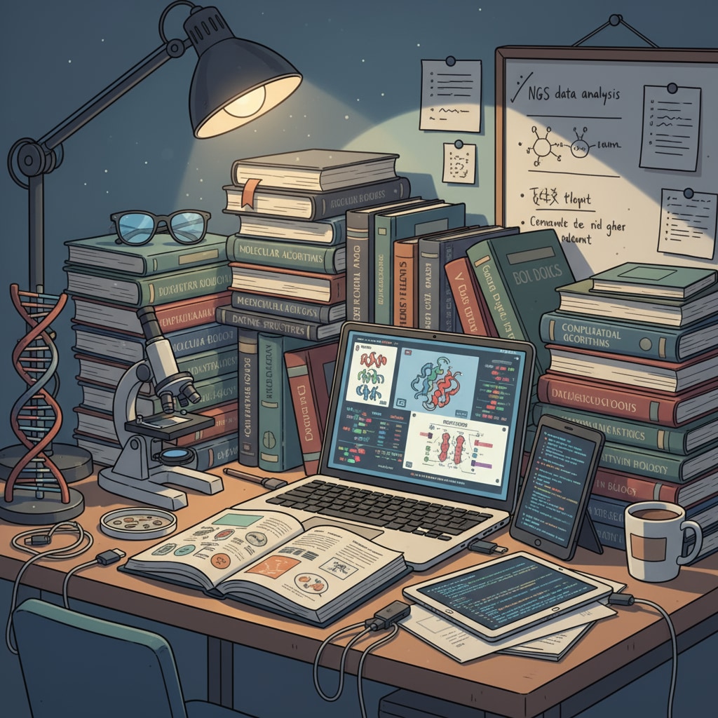 A bioinformatics student under academic pressure with books on various related subjects