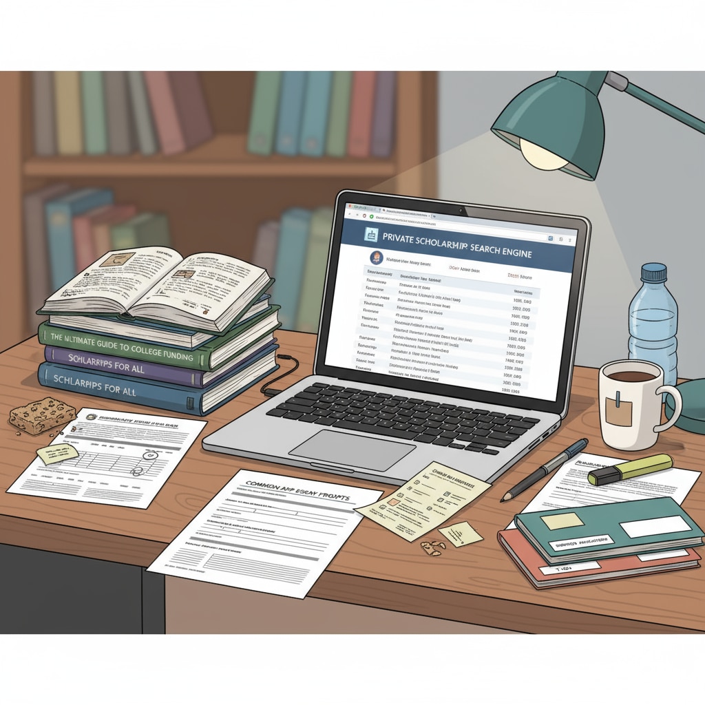 A student is sitting at a desk, focused on their laptop, researching and filling out applications for private scholarships, with papers and books about scholarships nearby. Student researching and applying for private scholarships with special immigration status
