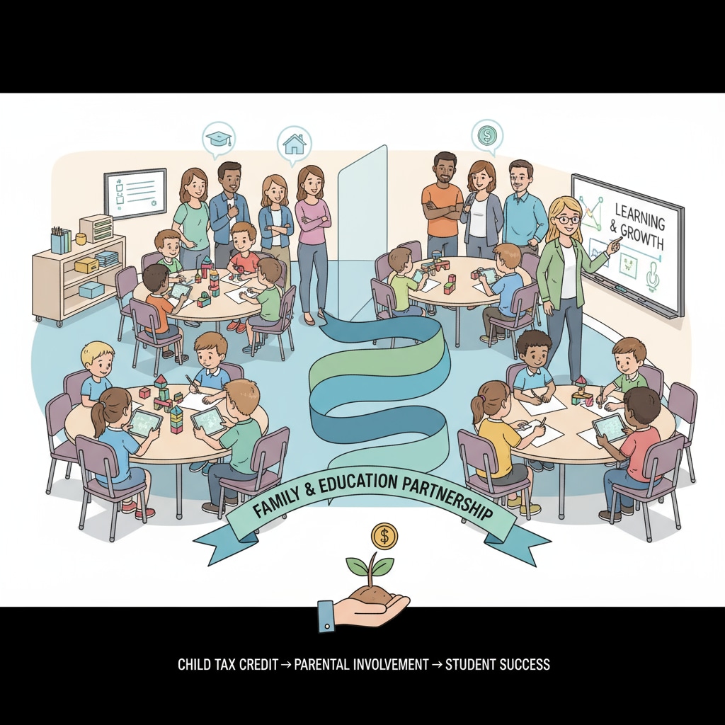 Classroom scene with parental observation related to child tax credit, student performance, and parental responsibility