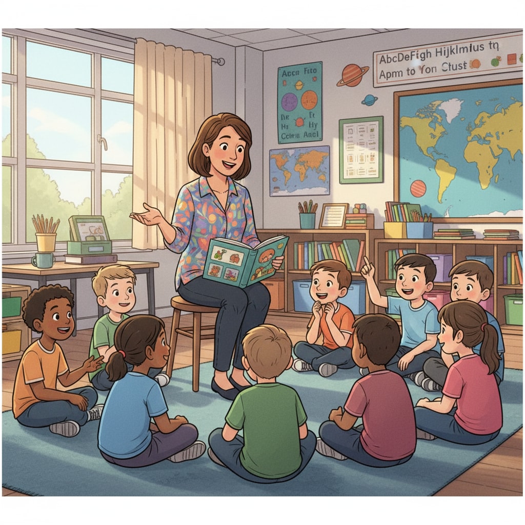 A classroom scene where a teacher is telling a story to engaged K12 students. The students are sitting in a semi - circle, with expressions of interest on their faces. Storytelling in K12 classroom for identity transformation with Blueprint Decoded