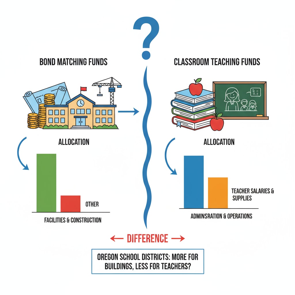 A graph showing the comparison of bond matching funds and classroom teaching funds in Oregon school districts, highlighting the difference in allocation. Comparison of bond matching and classroom teaching funds in Oregon school districts