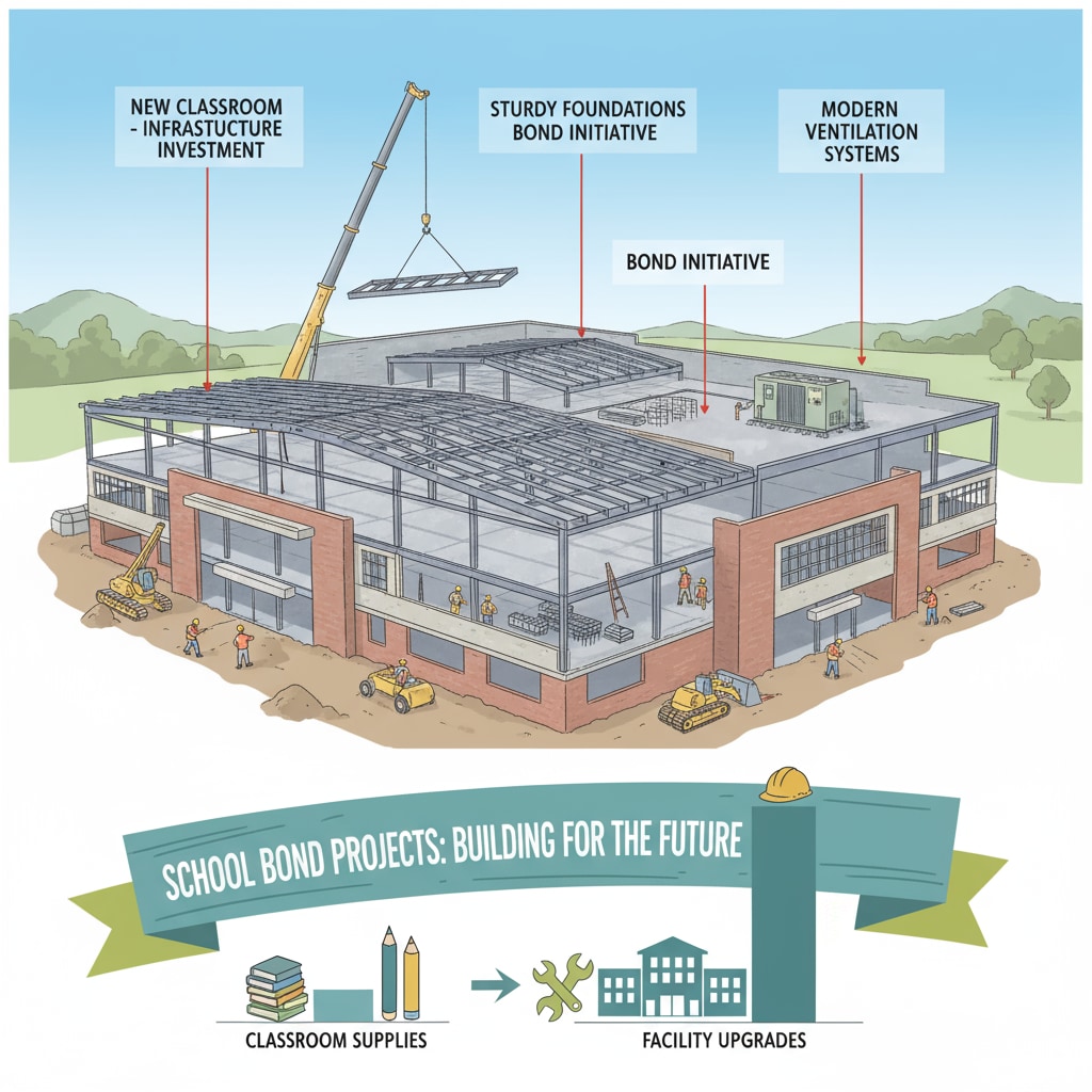 A picture of a school building under construction, representing the projects funded by school bonds, emphasizing the investment in infrastructure rather than classroom resources. School building under construction funded by school bonds