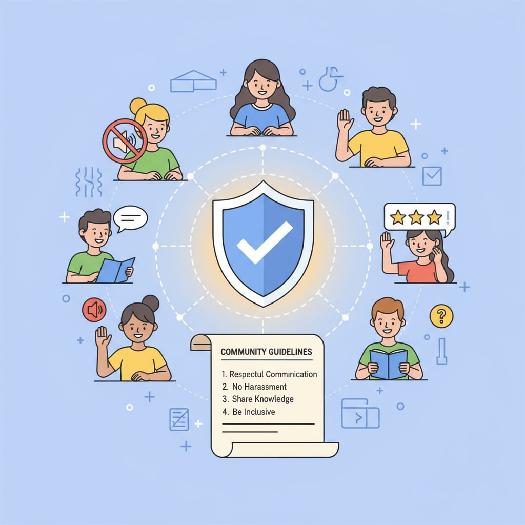An illustration depicting people following rules in an online educational community to ensure a harmonious environment. Community rules in the Reddit education network