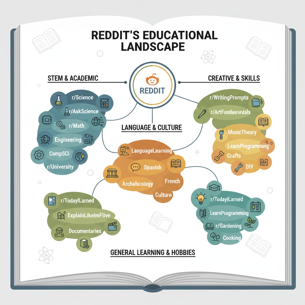 A visual representation showing different educational subreddits on Reddit, highlighting their diversity. Educational subreddits in the Reddit education network