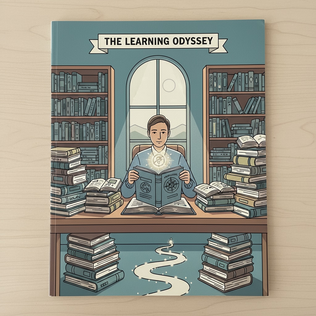 A person sitting at a desk, looking determined while surrounded by books, symbolizing the start of a new learning journey A person starting a new learning journey to overcome educational regrets