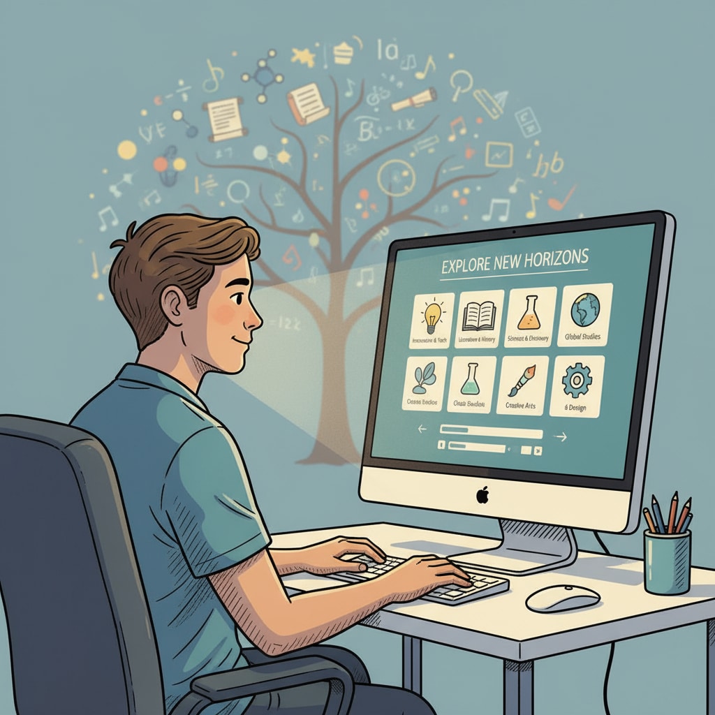 A person looking at different courses on a computer screen, showing the exploration of new learning opportunities A person exploring learning opportunities to restart their educational journey