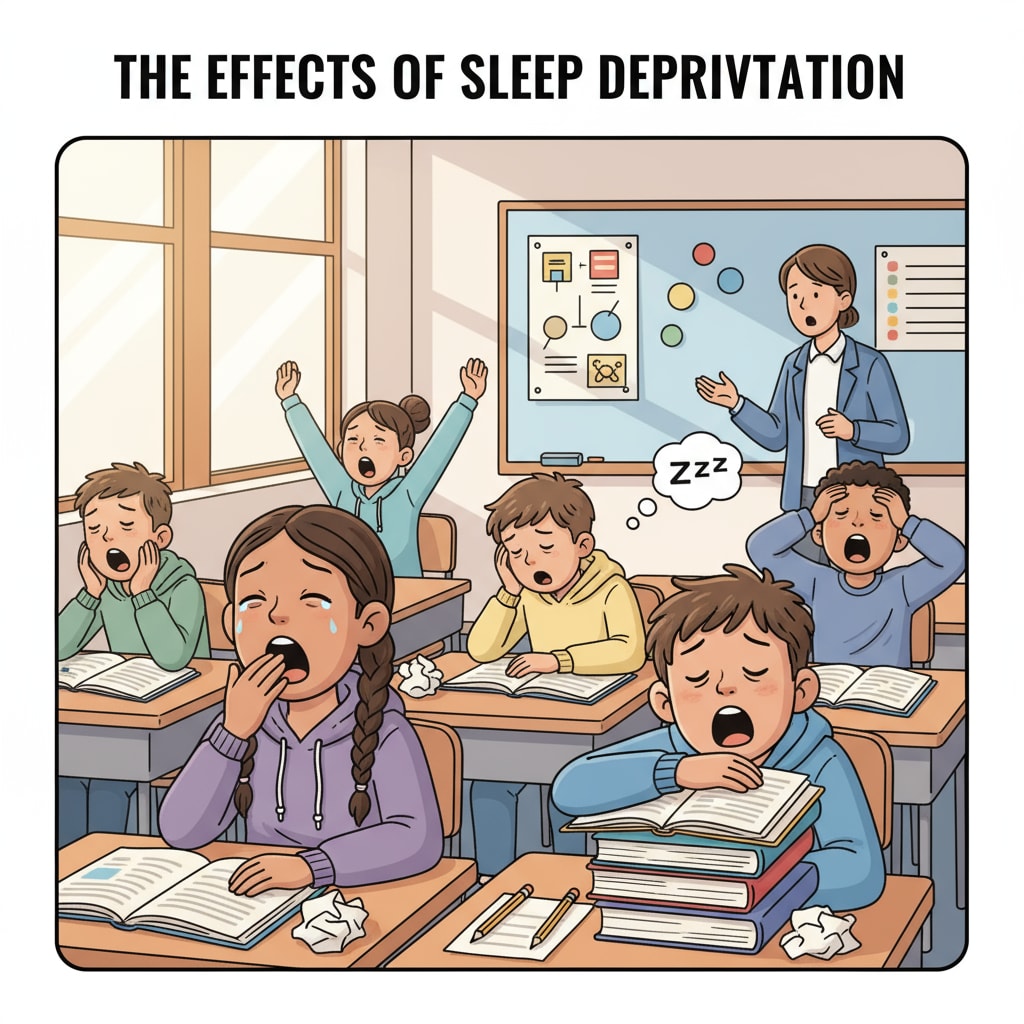 A group of K12 students are yawning in the classroom, showing signs of sleep deprivation. K12 students experiencing sleep deprivation and its impact on mental health