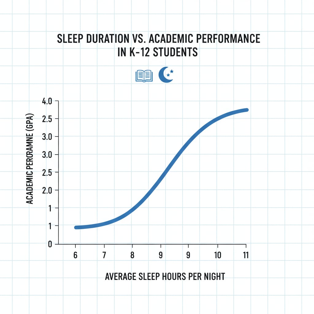 A graph presenting the correlation between the number of sleep hours K12 students get and their academic performance. Graph showing the relationship between sleep and academic performance for K12 students related to mental health and autonomous decision - making