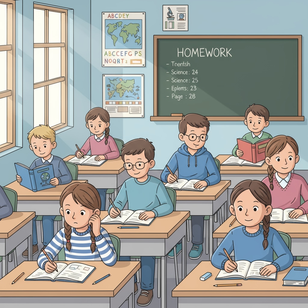 A classroom scene where students are sitting at their desks, some are looking intently at textbooks and writing, clearly engaged in the process of doing their homework. Students doing homework in a classroom, part of the homework, students, education debate