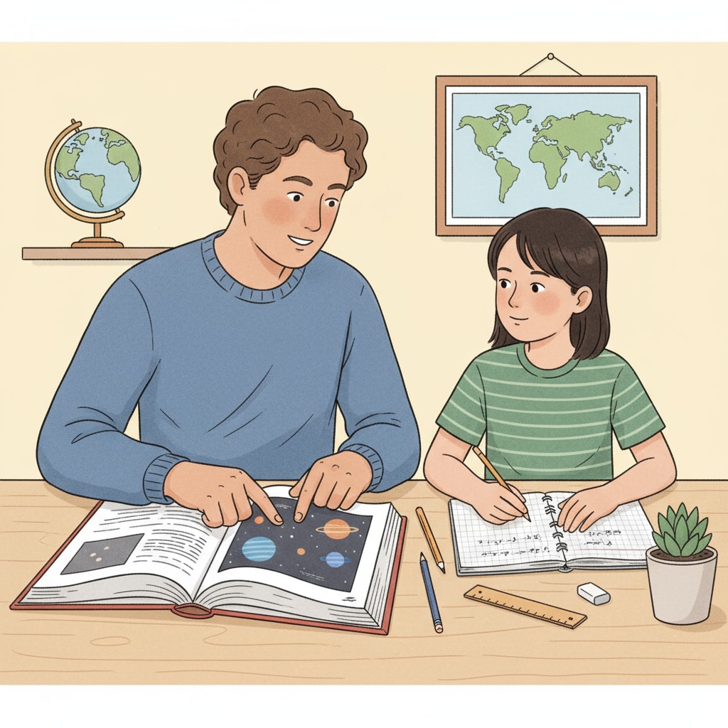 A parent and a child are sitting side by side at a table. The parent is pointing at a book and explaining something to the child, who is listening attentively while doing homework. Parent helping child with homework, related to the homework, students, education debate