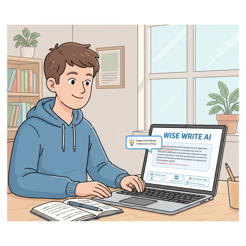 A student is sitting at a desk, using a laptop with a writing assistance AI tool displayed on the screen. The tool is highlighting grammar errors and suggesting improvements. A student using an AI writing assistance tool for personalized learning