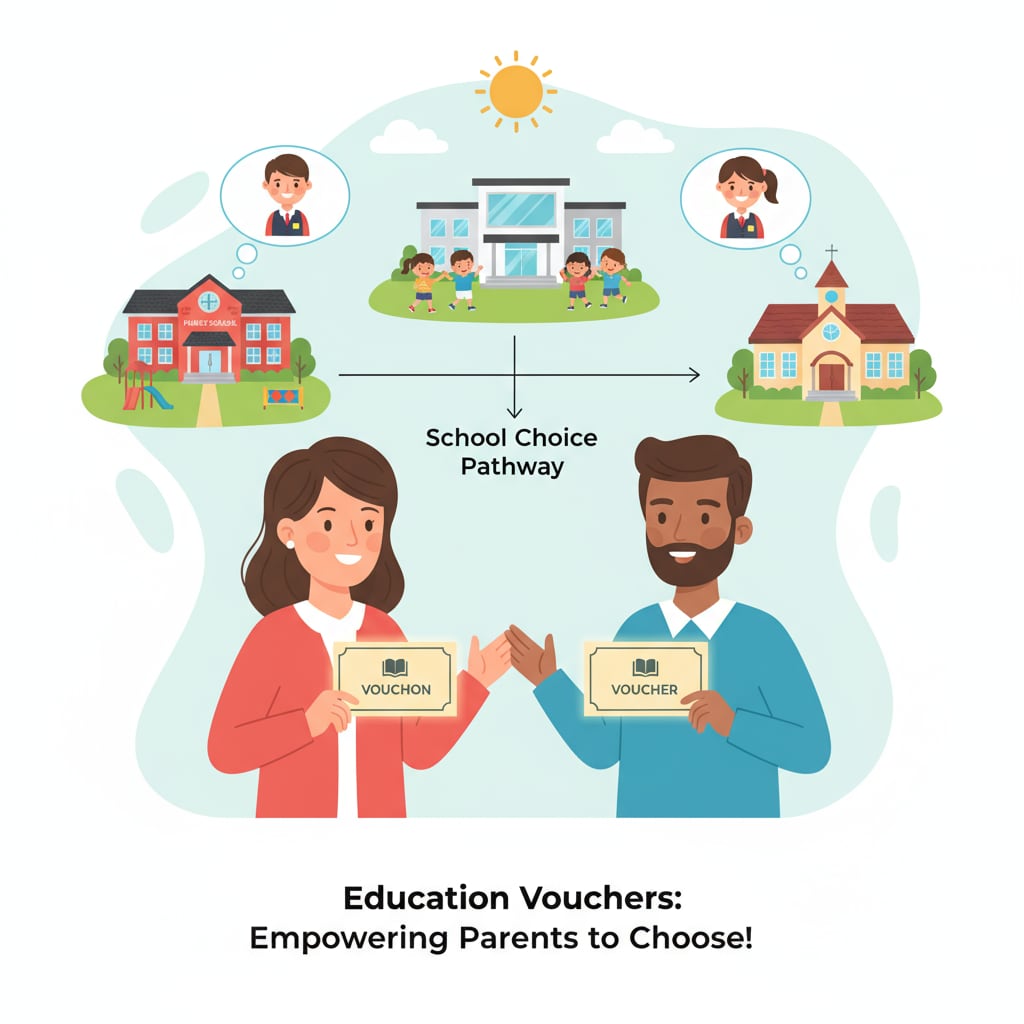 An illustration showing parents holding education vouchers and choosing a school for their child, highlighting the concept of school choice enabled by education vouchers. Education vouchers and school choice illustration