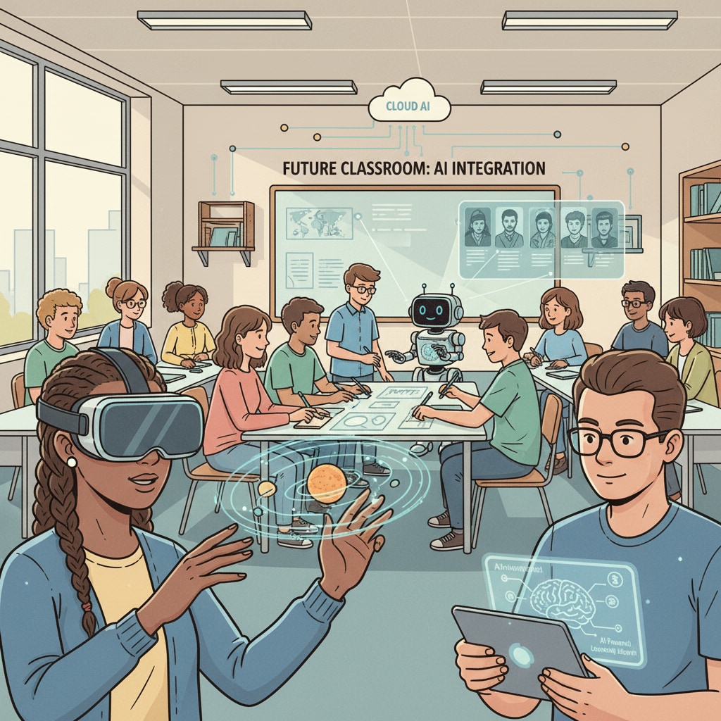 Students using AI in a K12 classroom for better learning, related to artificial intelligence, higher education, and employment automation