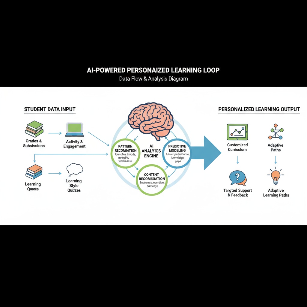 AI analyzing student data for personalized learning in K12 education, relevant to artificial intelligence, higher education, and employment automation