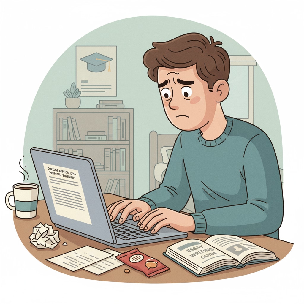 A student is sitting at a desk, looking worried while typing a college application personal statement on a laptop. A worried student writing a college application personal statement amidst the fear of AI detection.
