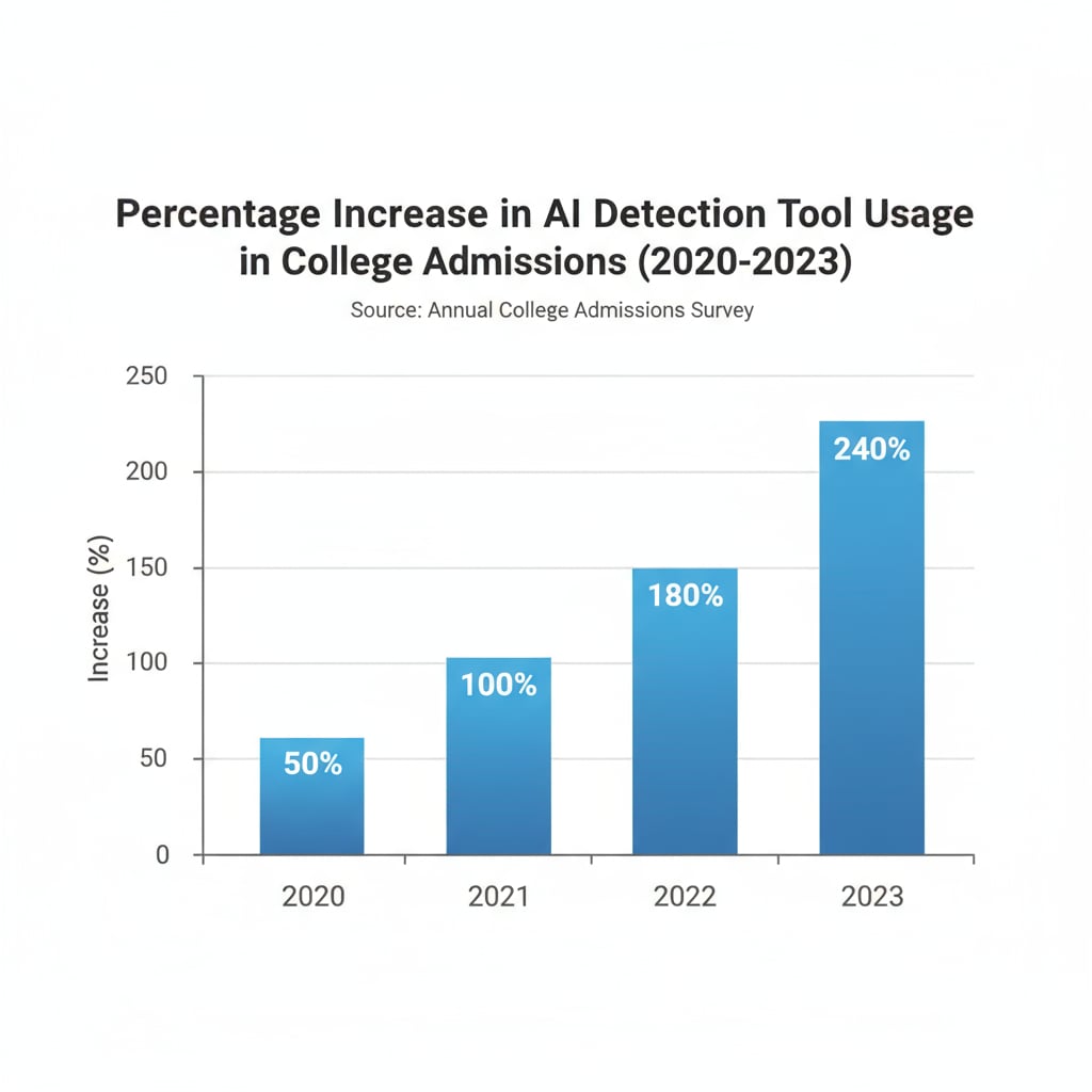A bar graph showing the percentage increase in the use of AI detection tools in college admissions over the past few years. Graph depicting the rise of AI detection tools in college admissions.