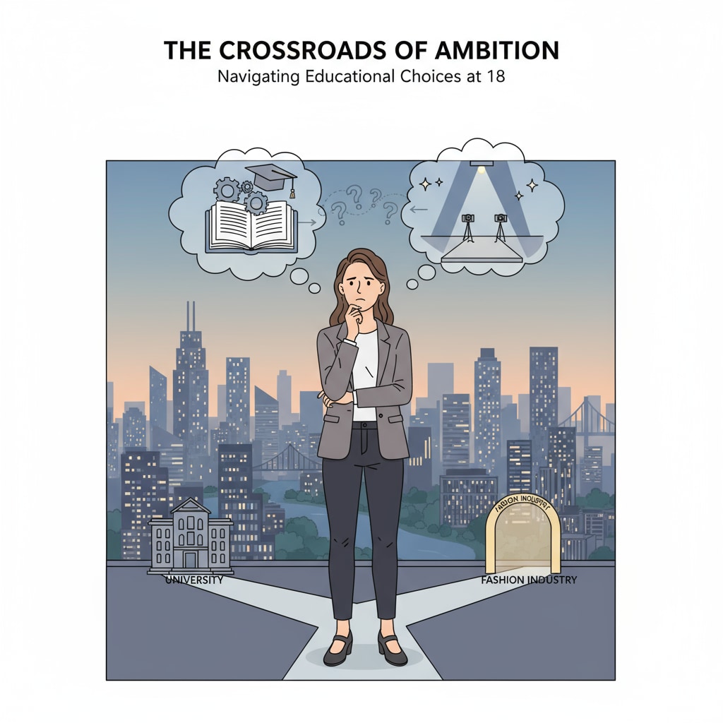 A young model standing in front of a city skyline, looking thoughtful. This image represents the difficult decision-making process an 18-year-old model might face when considering educational choices. An 18-year-old model pondering between GED certificate and high school education for her modeling career