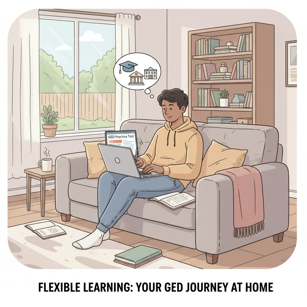 A student studying for the GED exam at home. It depicts the flexibility of the GED path as the student can study at their own convenience. A student preparing for the GED exam to pursue their modeling career while managing mental health