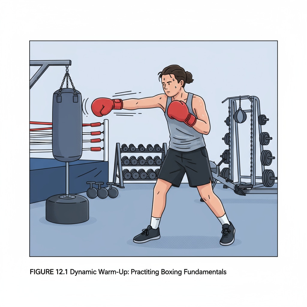 A young person is seen wearing boxing gloves and practicing punches in a well-equipped gym, with training equipment in the background. A young person engaged in boxing training, related to college application extracurricular activities