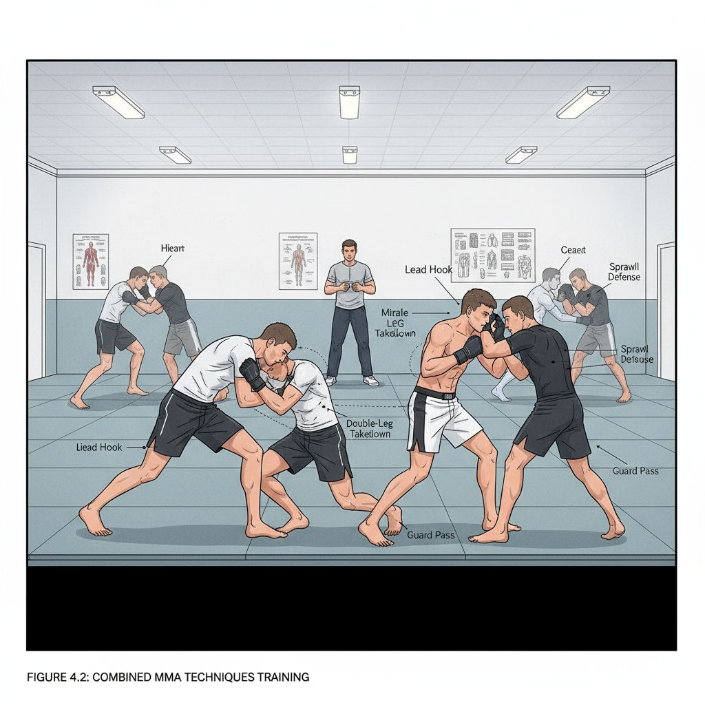 A person is practicing MMA techniques such as grappling and striking in a training session, with other trainees in the background. A person practicing MMA, relevant to college application extracurricular choices
