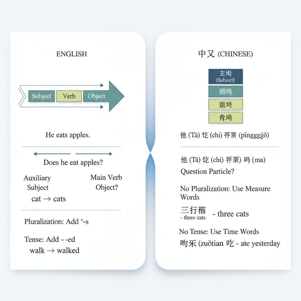 A visual comparison of the structural elements of Chinese and English languages, highlighting differences in grammar, word order, etc. Comparison of Chinese and English language structures related to