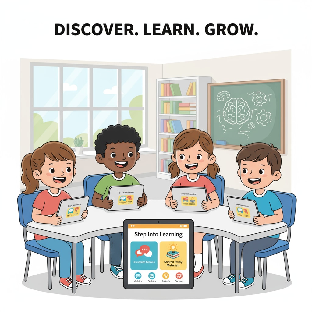 A group of K12 students are smiling while using tablets with the Step Into Learning app interface showing various learning and social features like discussion forums and shared study materials. K12 students using the uncensored open learning social platform Step Into Learning