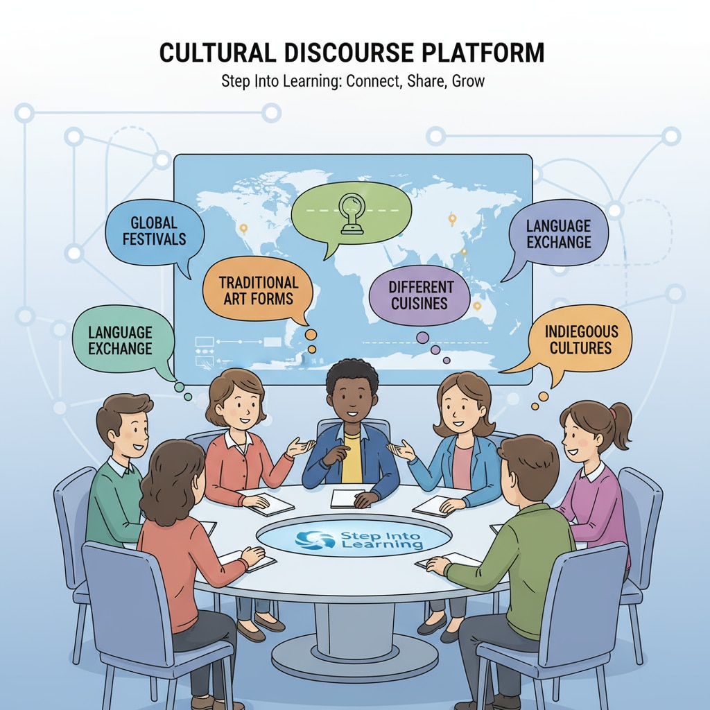 Students are engaged in a lively discussion about different cultural topics on the Step Into Learning platform, with text bubbles showing their diverse ideas. Students discussing on the uncensored open learning social platform Step Into Learning