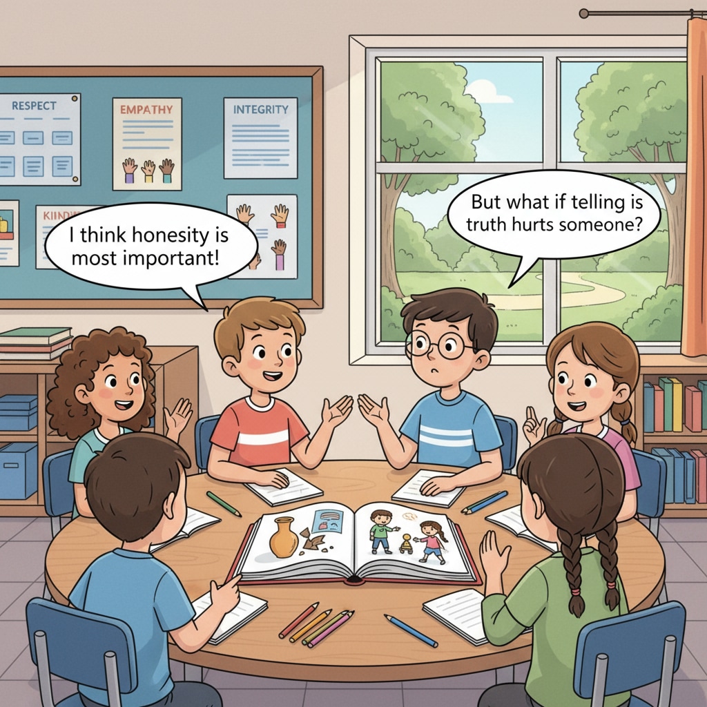 A classroom scene where students are engaged in a discussion about moral values. Students are sitting around a table, expressing their opinions and listening to each other. Classroom discussion on moral values for ethical and moral education in K12