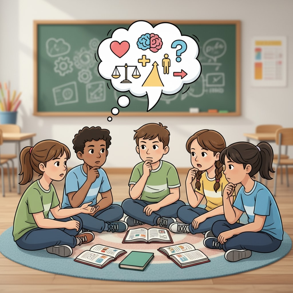 Students sitting in a circle, having a deep conversation about right and wrong. They are showing signs of serious thinking and interaction. Students discussing right and wrong as part of moral and ethical education for civic development