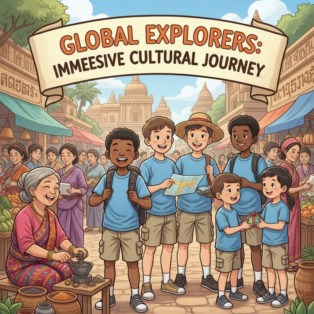 A group of K12 students are seen smiling and interacting with local people during an overseas study tour, which shows the immersive cultural experience aspect. K12 students having an immersive cultural experience during overseas travel with a tour company