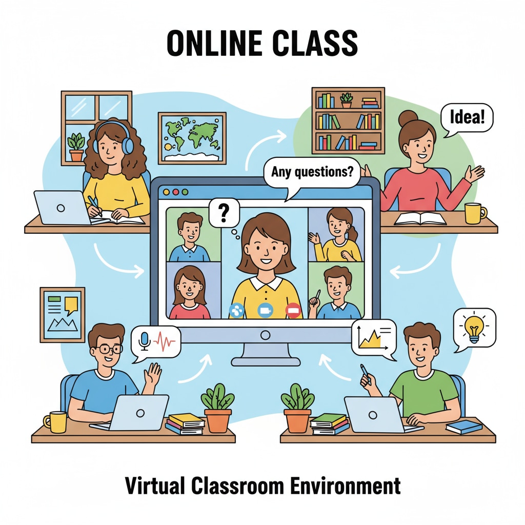 A group of students are attending an online class. Some are taking notes, while others are actively participating in the discussion on their screens. K12 students engaged in online learning, facing self-discipline challenges and FOMO