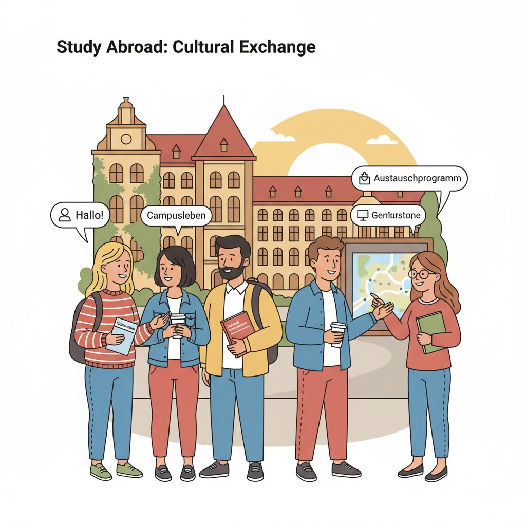 A group of European students chatting with German locals in a campus setting, showing the interaction during the study abroad experience. European students adapting to German campus life while facing language barriers during their study in Germany