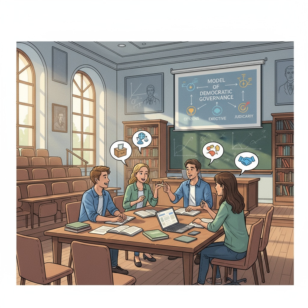 A group of students are engaged in a lively discussion about political science topics in a well-equipped lecture hall at a European university. Students discussing political science in a European university lecture hall