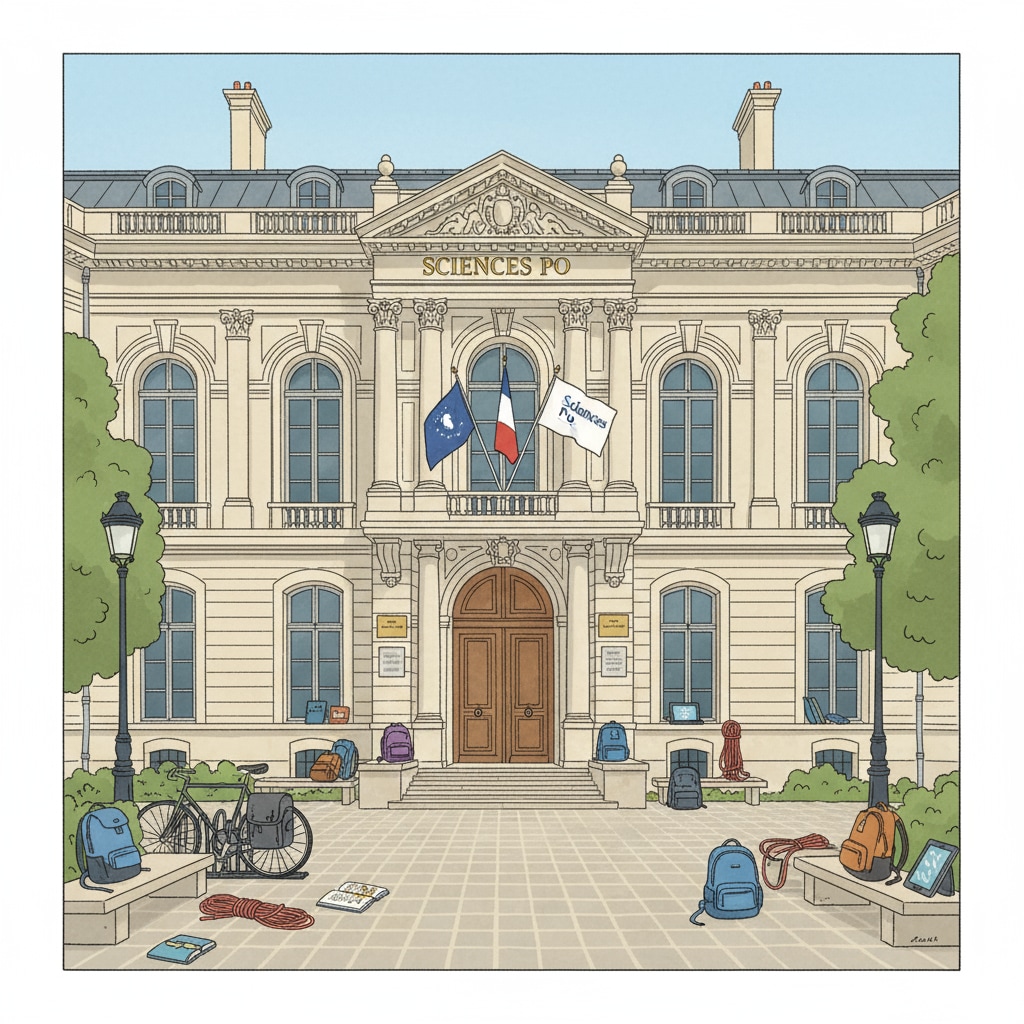The grand exterior of Sciences Po building in the heart of Paris, France, with students walking in and out. Exterior view of Sciences Po building in Paris for political science studies