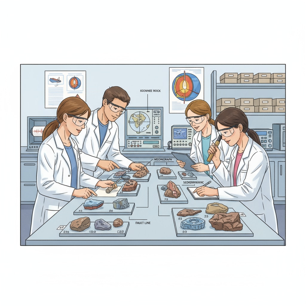 A group of geophysics students are carefully examining geological samples laid out on a laboratory bench, with scientific instruments in the background. Geophysics students in a laboratory setting facing employment dilemmas and considering second master's degrees