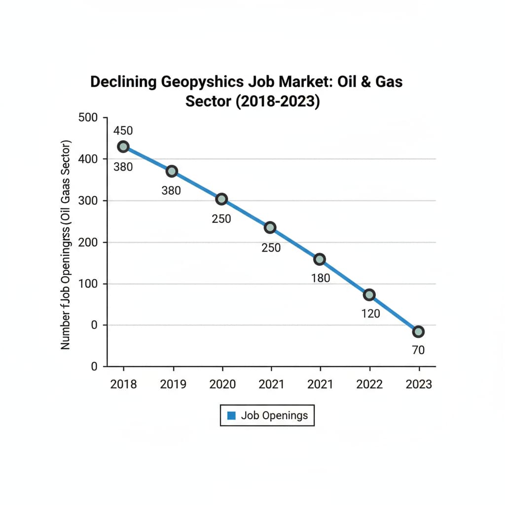 A line graph depicting the decreasing number of job openings in the oil and gas sector relevant to geophysics over a period of several years. Graph showing employment challenges for geophysics graduates in the oil and gas sector and the option of second master's degrees