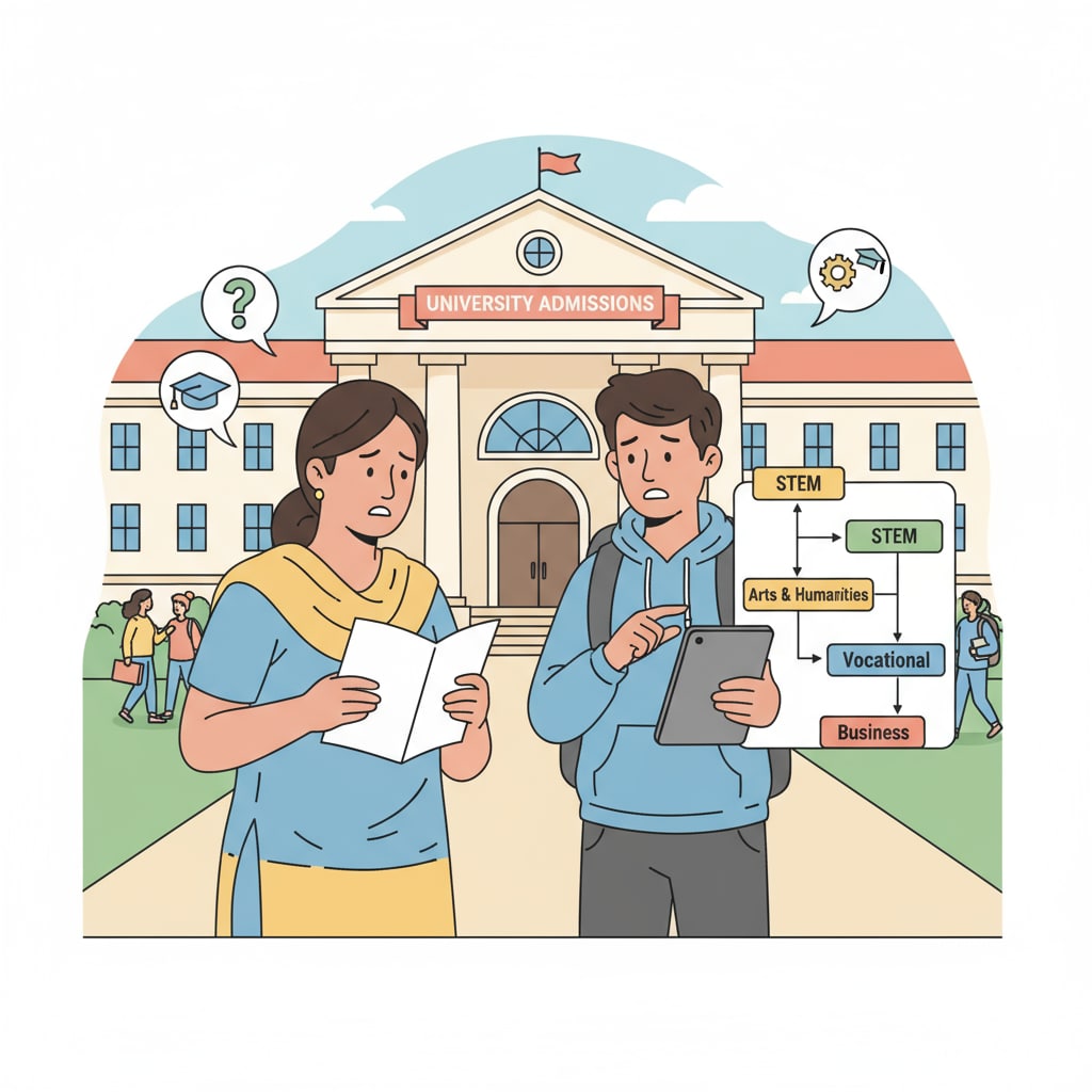 A photo showing a worried parent and student discussing educational choices amidst the backdrop of a university building. A worried parent and student discussing educational choices in the context of educational scams related to Schiller International University and GEDU Group