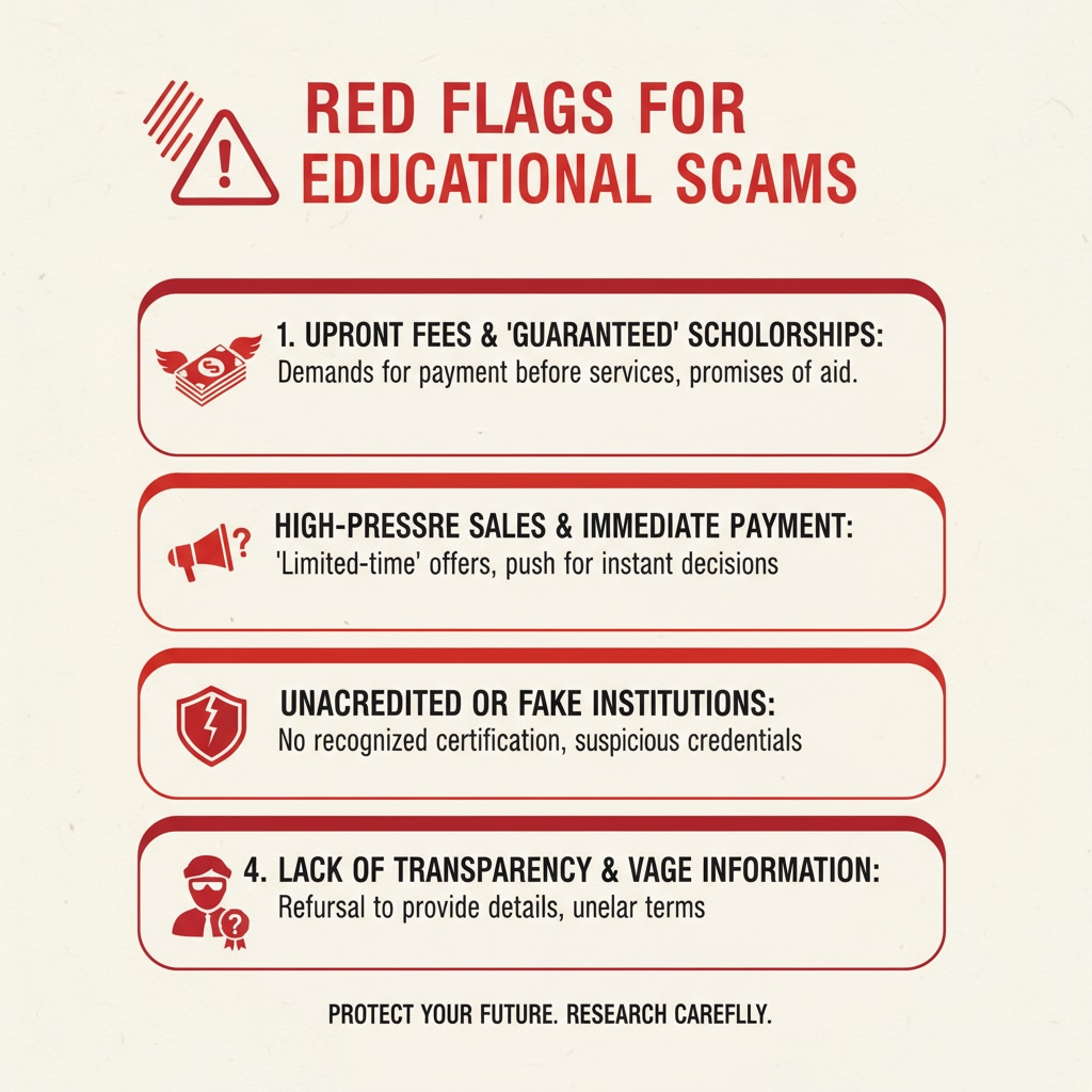 A graphic showing a list of red flags for educational scams. Graphic highlighting red flags for educational scams relevant to Schiller International University and GEDU Group