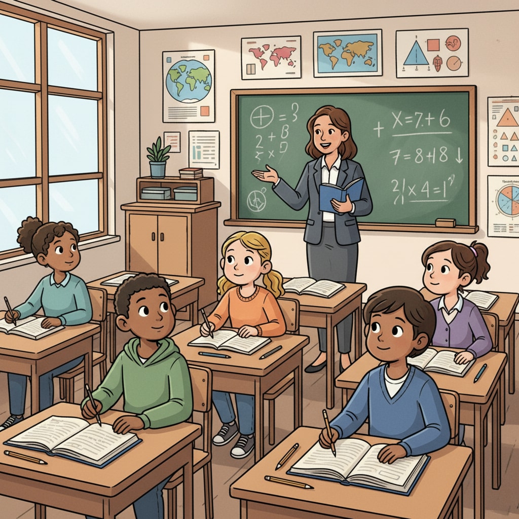 A group of students are sitting at their desks, looking intently at the teacher standing in front of the class, ready to absorb knowledge. A classroom scene showing the influence of a teacher on students, as related to the podcast theme