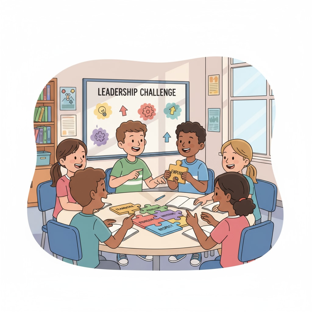 A group of students are actively participating in a leadership activity in a classroom, showing enthusiasm and cooperation. Students engaged in leadership activity related to IQ research, leadership, and General Motors