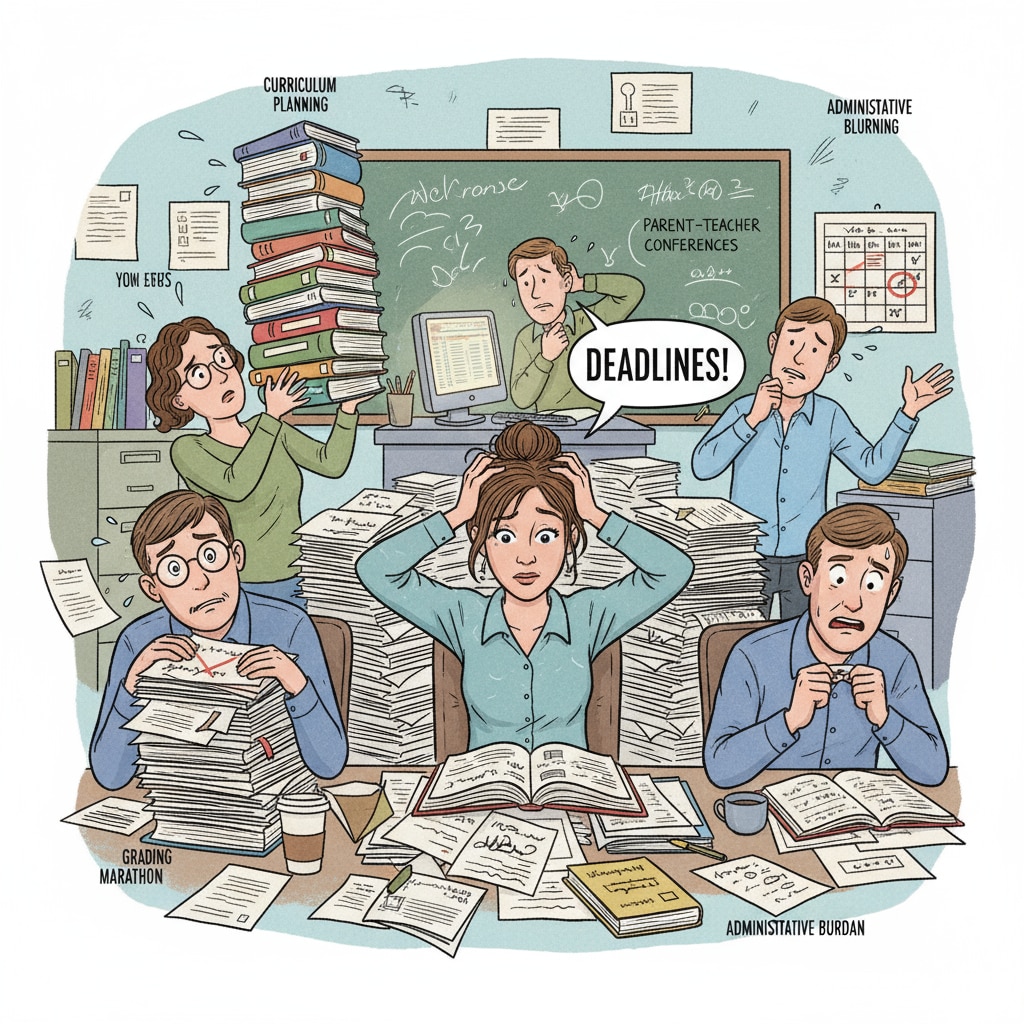 A group of teachers looking stressed while surrounded by piles of paperwork Teachers experiencing stress due to micro management, teaching autonomy issues, and documentation requirements