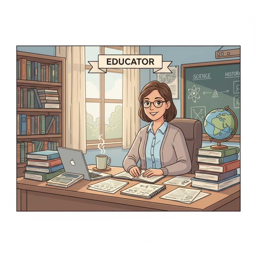 A teacher sitting at a desk surrounded by textbooks and papers A K12 teacher overwhelmed by excessive courses and workload