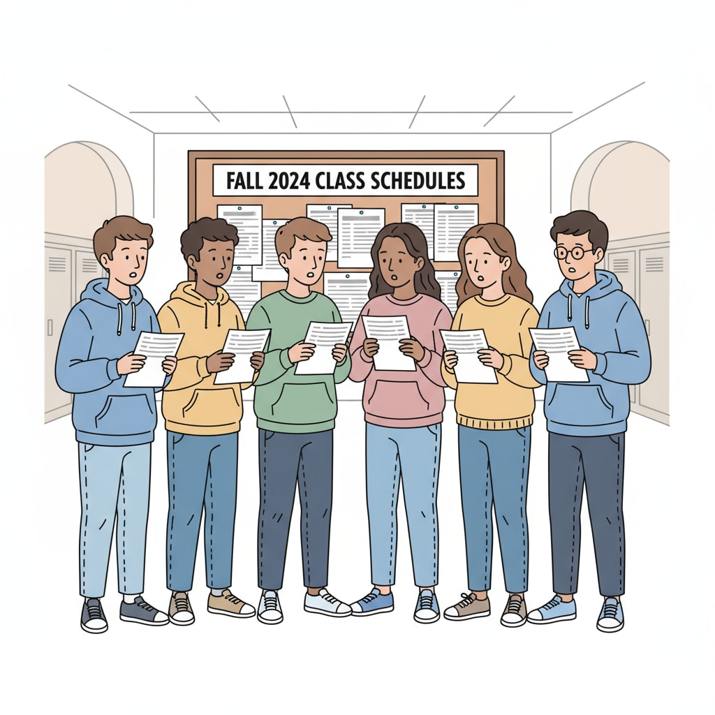 A group of university freshmen are gathered around a bulletin board, looking at their class schedules with curious expressions. University freshmen considering their time arrangement between morning and afternoon classes